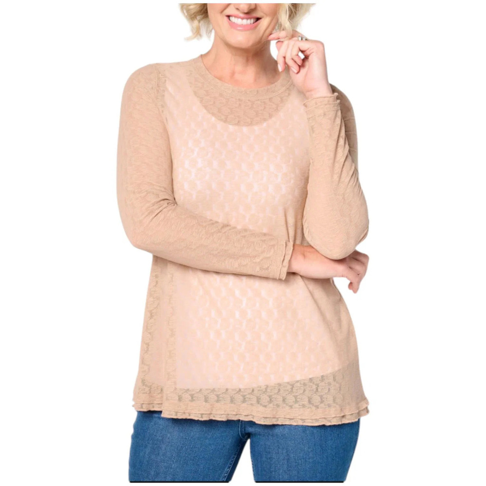 LOGO by Lori Goldstein Crew Neck Ruffled Hem Mesh Top Warm Taupe - Regular